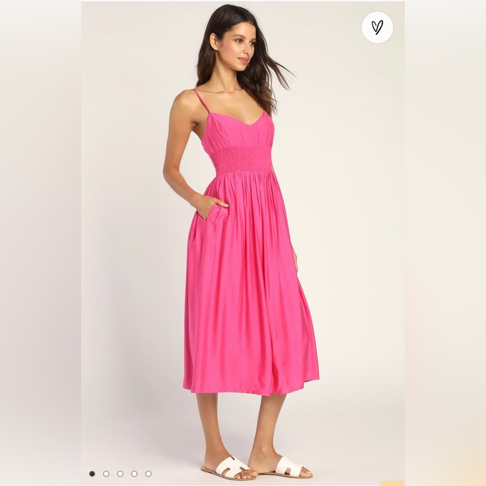 NWT Lulus Full Heart Hot Pink Smocked Midi Dress